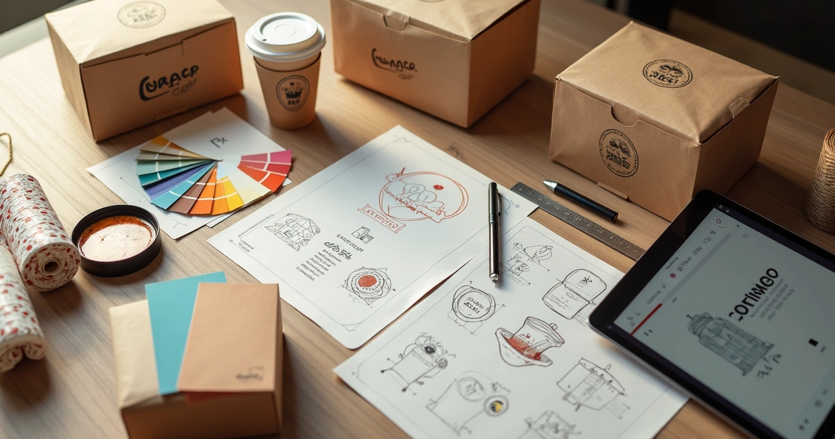 Mesa de criação com embalagens de delivery personalizadas e materiais de design 