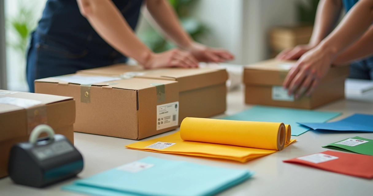 Embalagens personalizadas e embaladores preparando caixas de e-commerce 