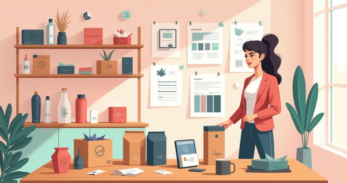 Ilustração de empreendedora analisando embalagens personalizadas de marca própria sobre uma mesa 