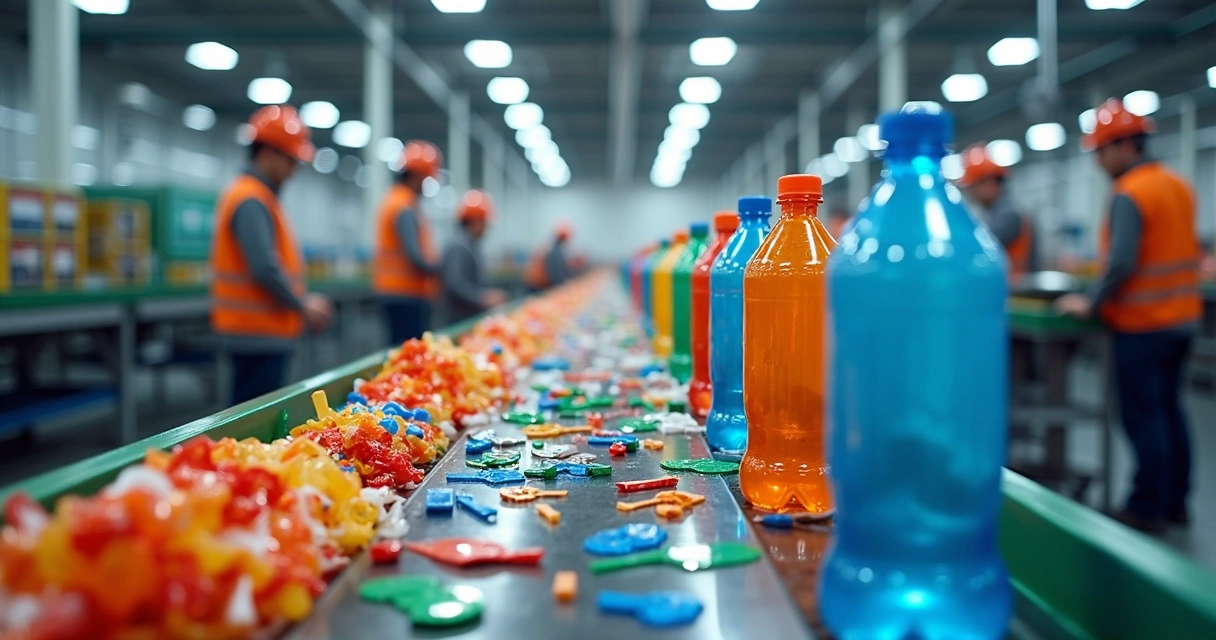 Embalagens feitas de plástico reciclado alinhadas em uma esteira de fábrica 