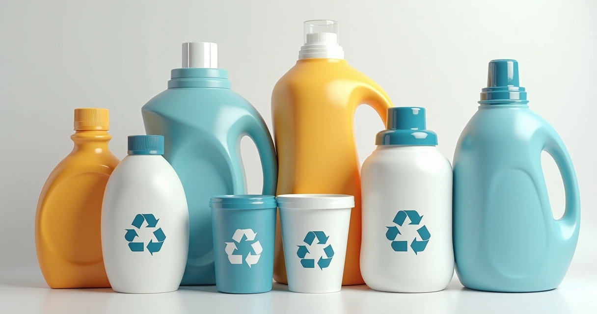 Embalagens plásticas com selo de reciclado em fundo neutro 