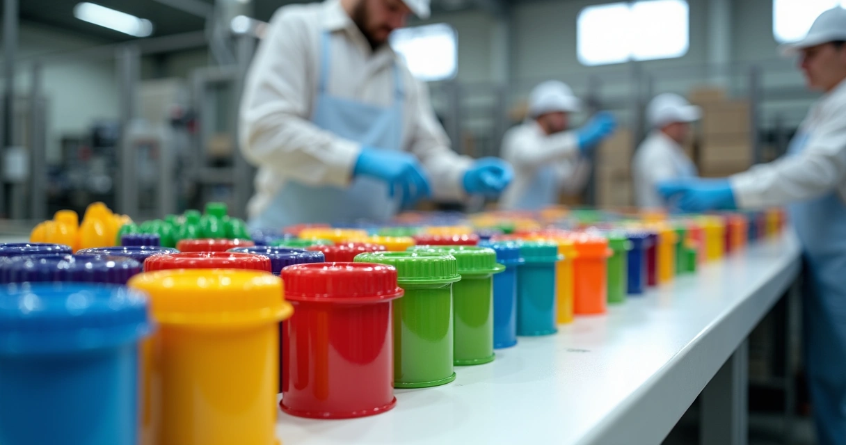 Embalagens plásticas coloridas e recicláveis empilhadas 