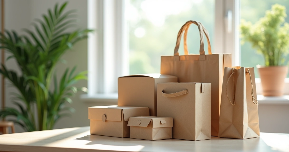 Embalagens ecológicas e ecobags em mesa de escritório 