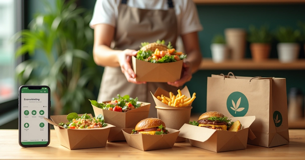 Embalagens sustentáveis de delivery em mesa de restaurante moderno 