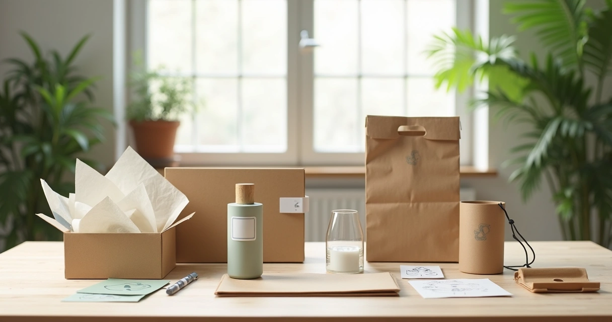Embalagens sustentáveis variadas sobre mesa de madeira clara 