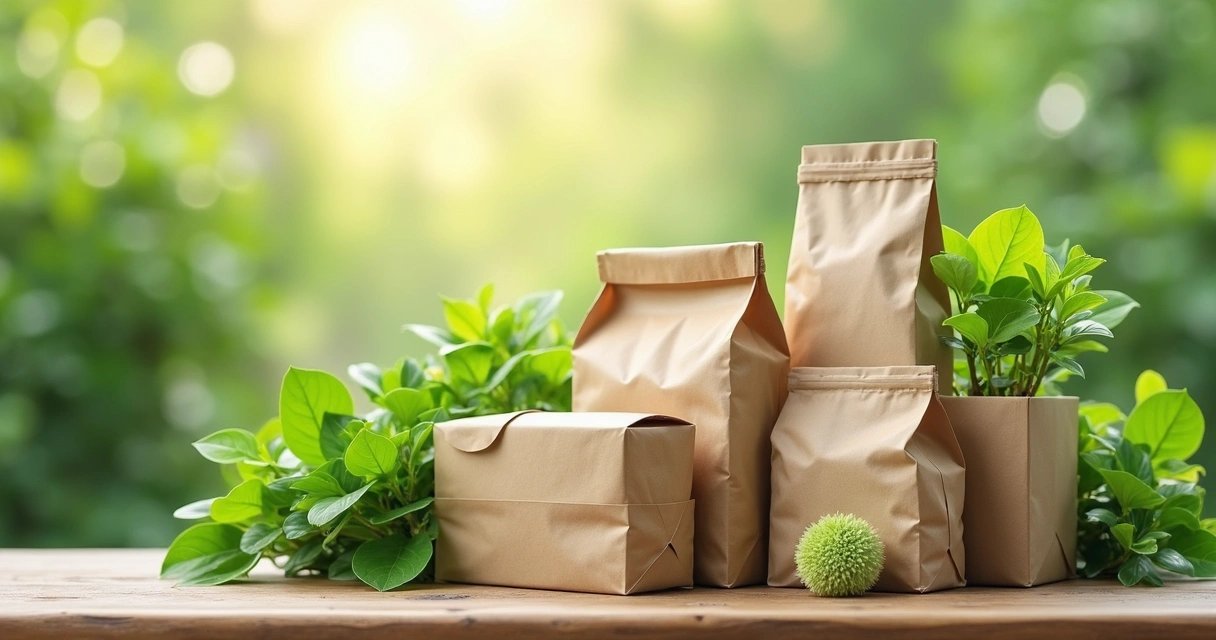 Embalagens sustentáveis feitas de materiais recicláveis sobre mesa de madeira com plantas ao redor 