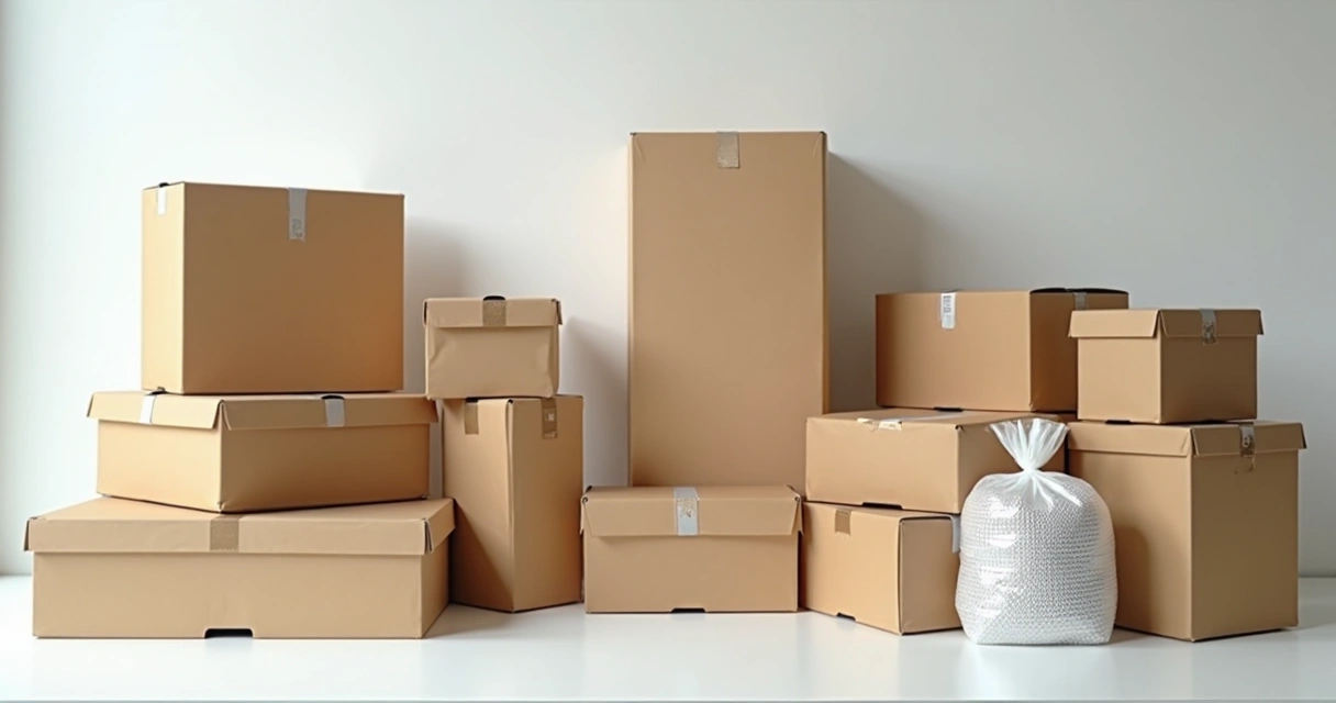 Vários tipos de embalagens organizados em uma mesa branca