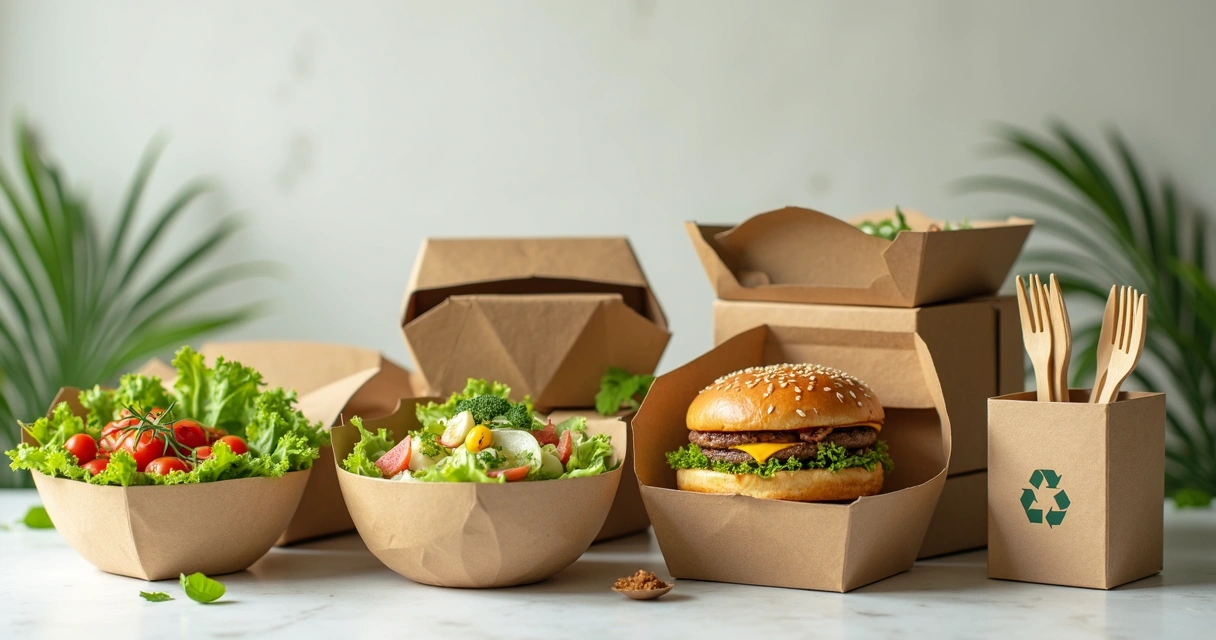 Embalagens biodegradáveis com pratos veganos em fundo claro