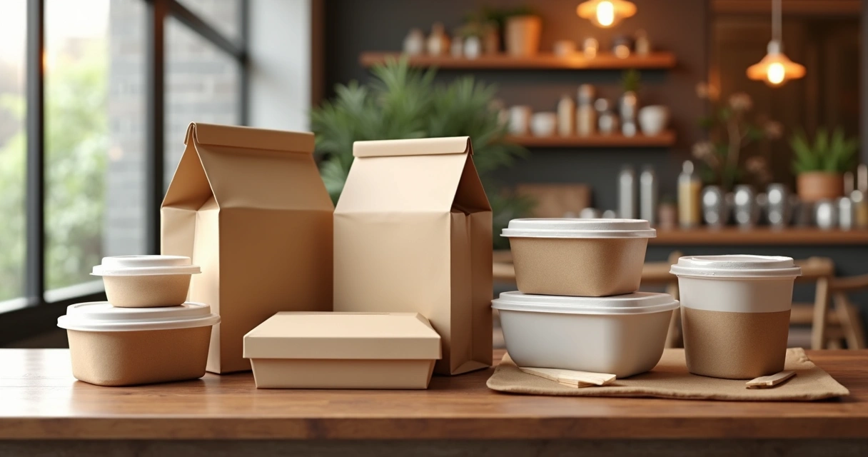 Diferentes tipos de embalagens para delivery alinhadas em mesa, com sacolas, caixas de papelão e potes plásticos, em ambiente de restaurante com iluminação natural 