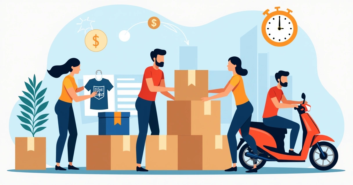 Equipe embalando camisetas urgentes para entrega 