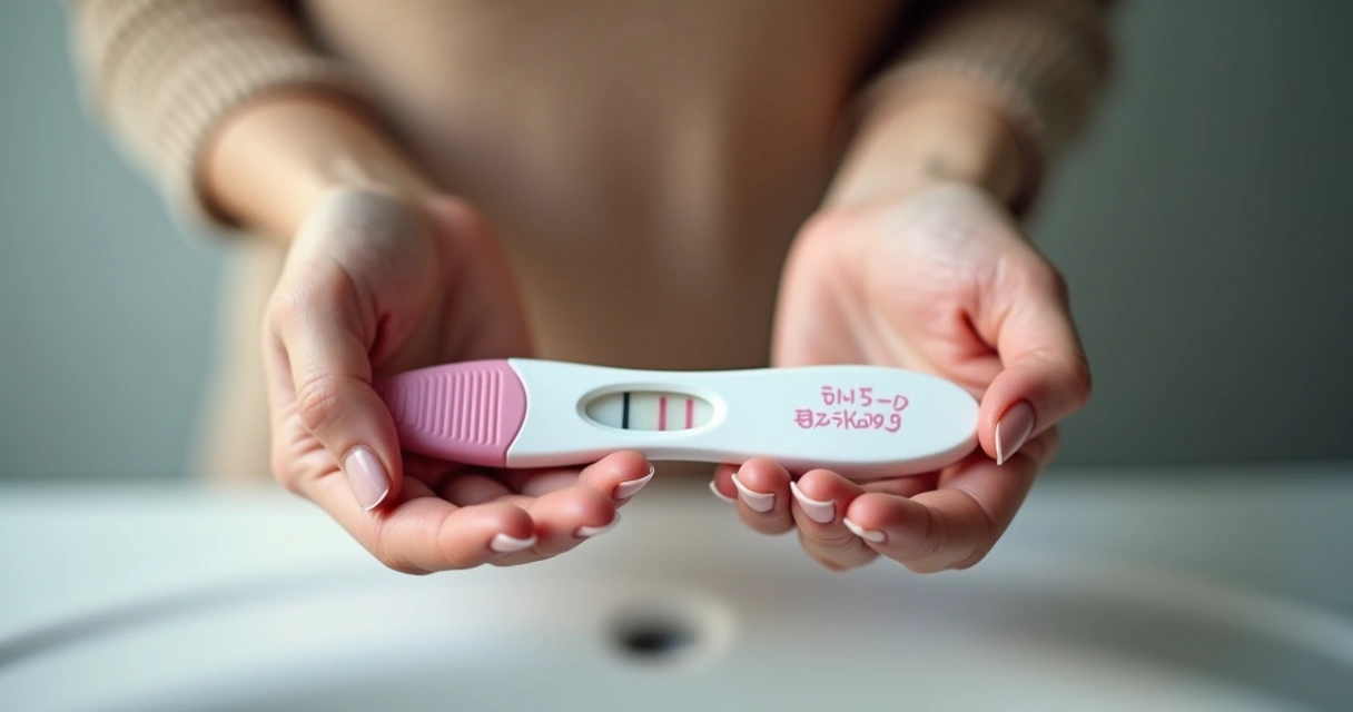 Teste de gravidez positivo sobre superfície clara com mãos femininas ao redor