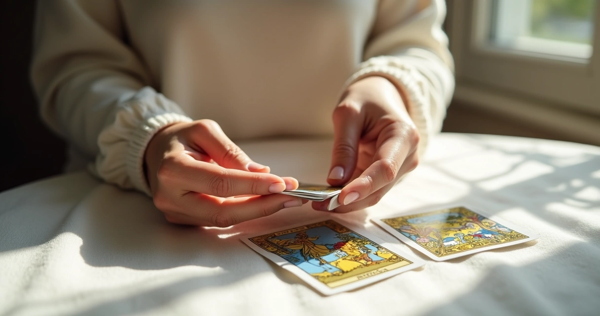 Mãos femininas embaralhando cartas de tarot