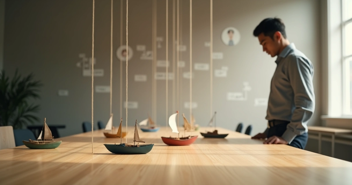 Profissional observa maquetes de barcos coloridos guiados por cordas transparentes em ambiente de trabalho minimalista 
