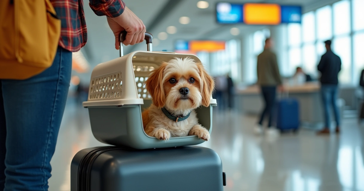 Tutor com pet na caixa de transporte no aeroporto 