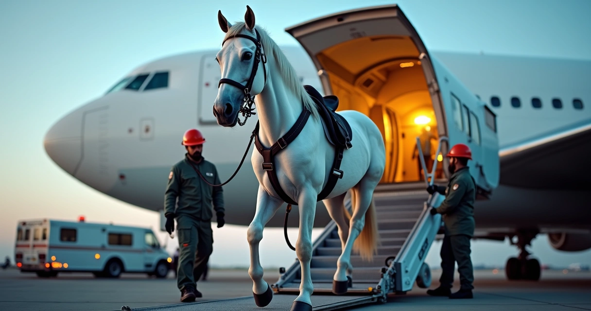 Cavalo embarcando cuidadosamente em avião de carga, rodeado por equipe preparada e equipamentos de segurança. 