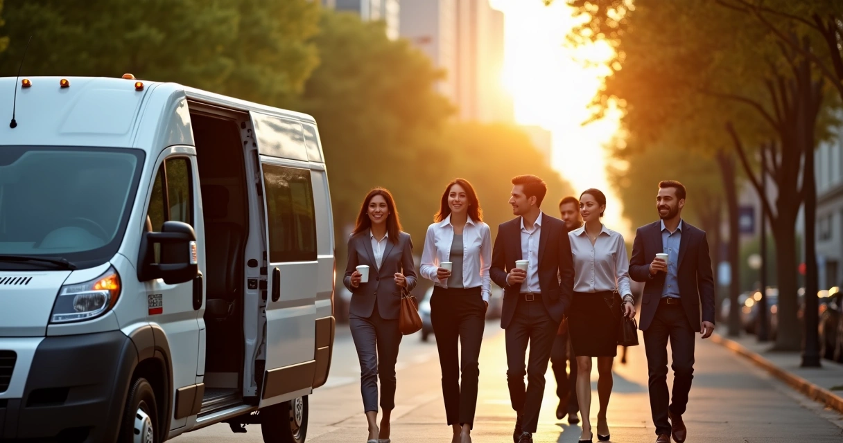 Grupo de profissionais embarcando em van corporativa pela manhã 