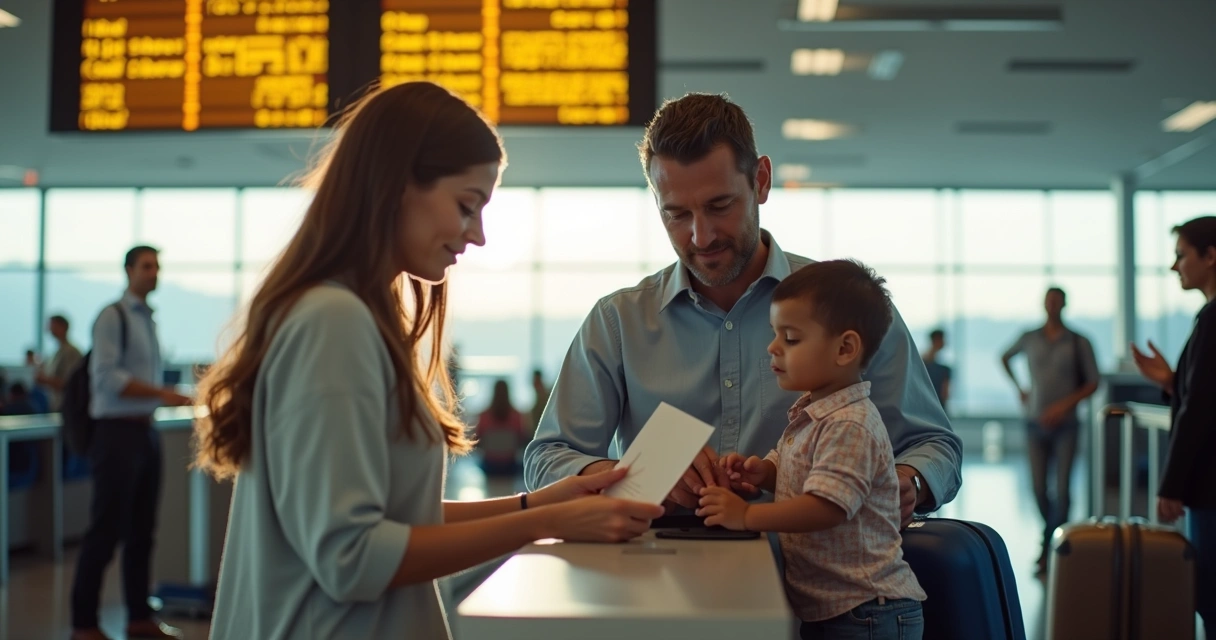 Família embarcando com criança pequena no aeroporto 
