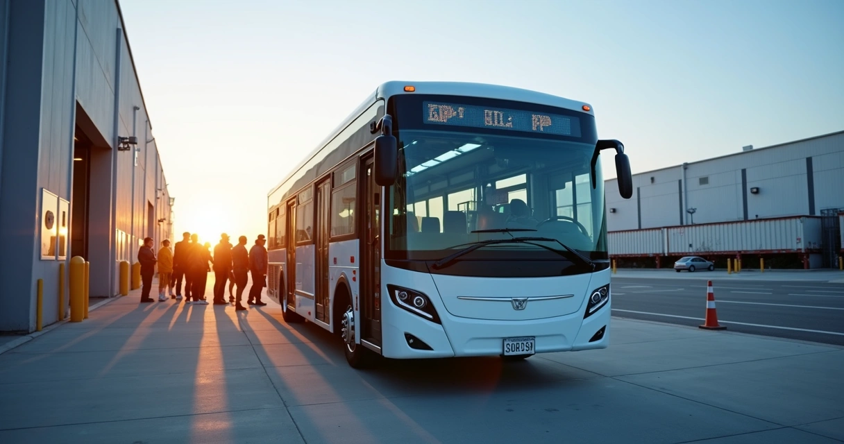 Colaboradores embarcando em ônibus fretado empresarial