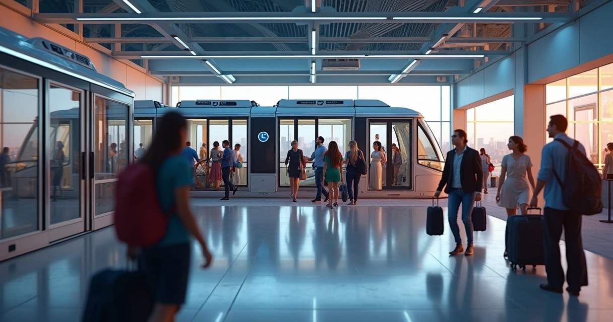 Embarque em monotrilho no aeroporto de Orlando com passageiros esperando no terminal 