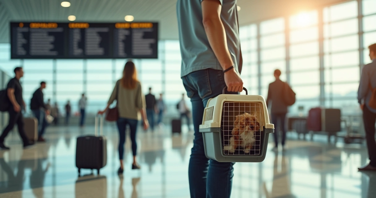Tutor com pet em caixa de transporte no saguão de aeroporto 