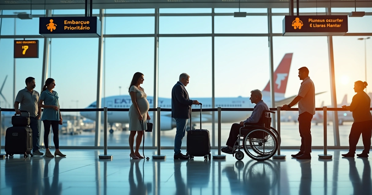 Gestante, idoso e passageiro em cadeira de rodas embarcando com prioridade em aeroporto brasileiro 