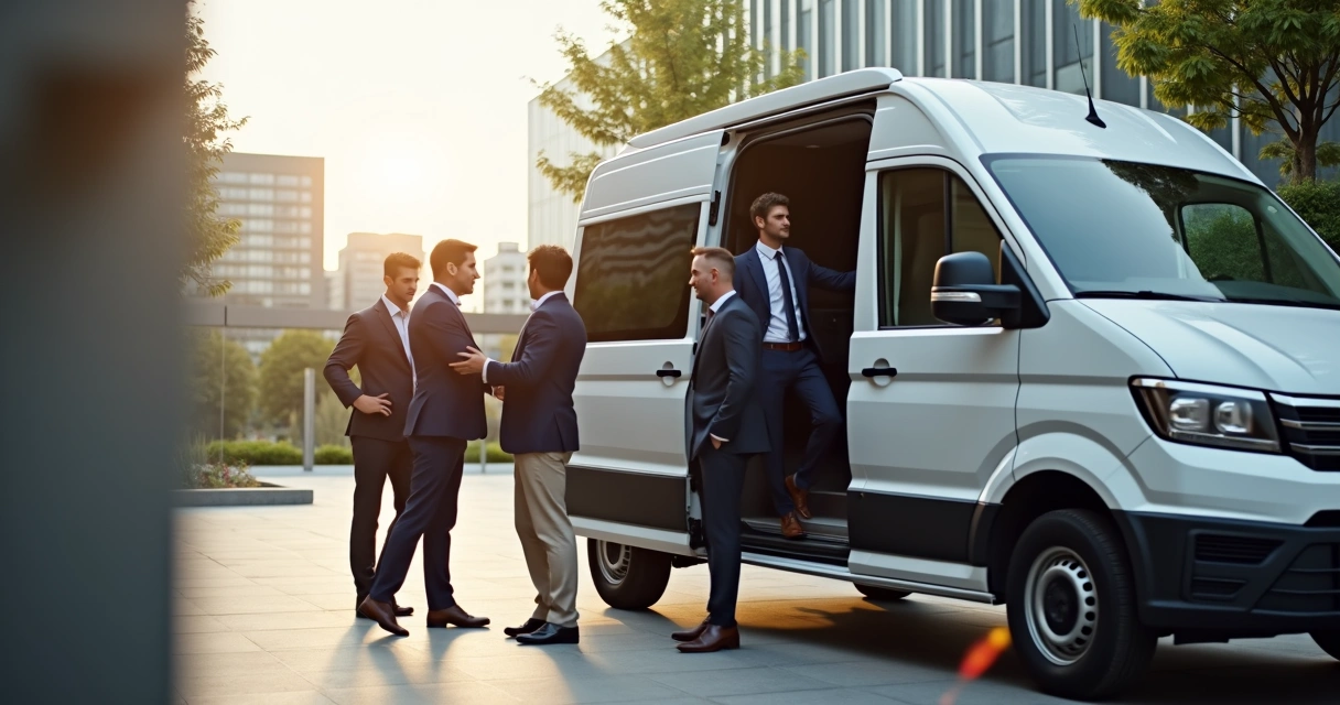 Colaboradores embarcando em van corporativa moderna, motorista aguardando, roupas formais, início da manhã, luz suave. 