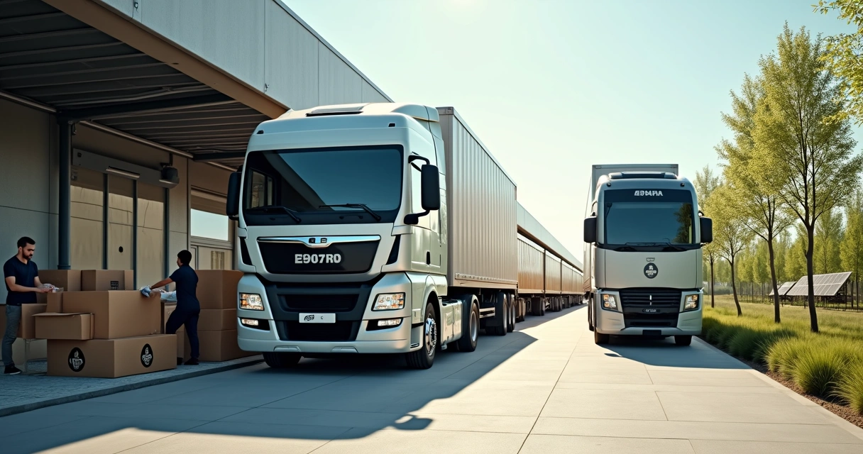 Caminhão e trem juntos em centro logístico com embalagens recicláveis 