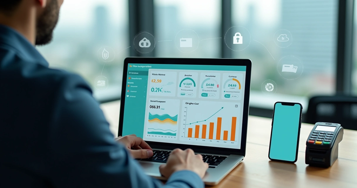 Empresário analisando dashboard de serviços financeiros integrados em notebook 
