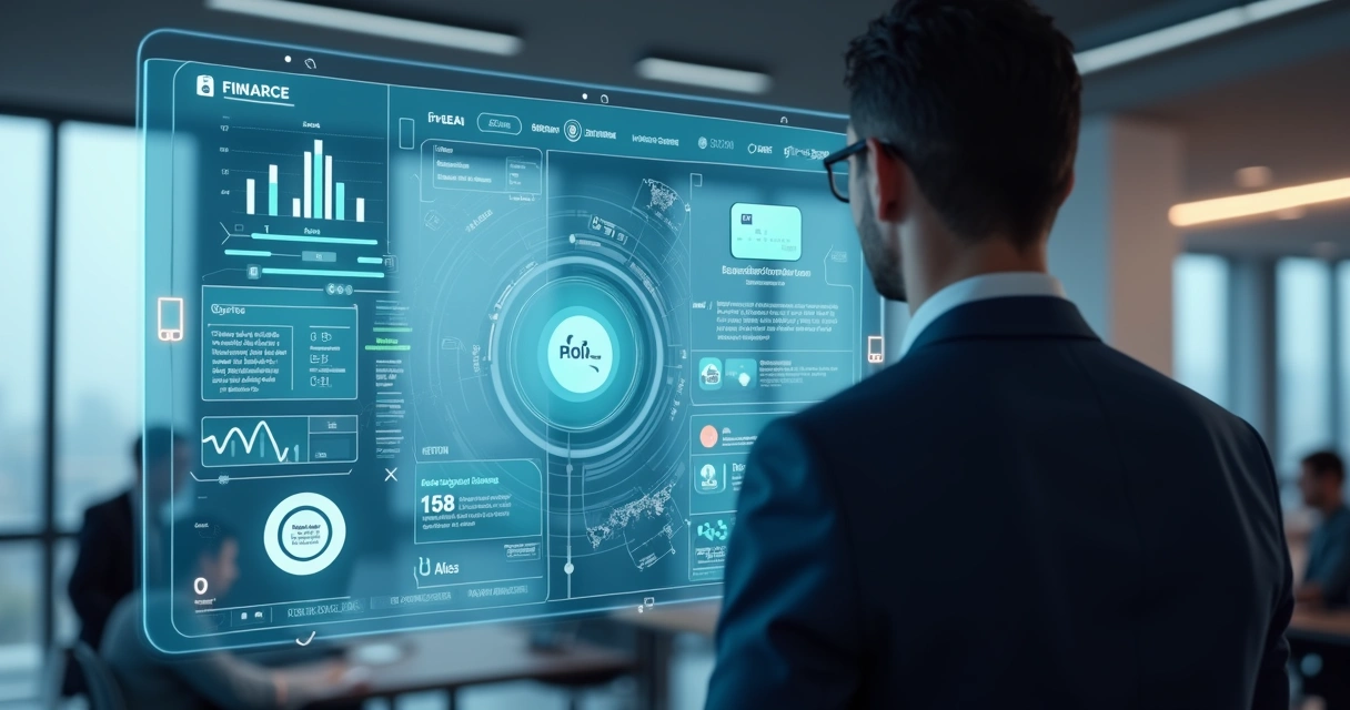 Executivo observando painel digital com ícones de serviços financeiros integrados 