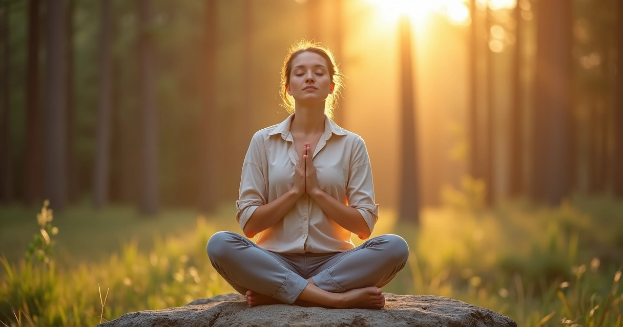 Person sitting cross-legged outdoors with eyes closed and one hand on chest and one on abdomen 