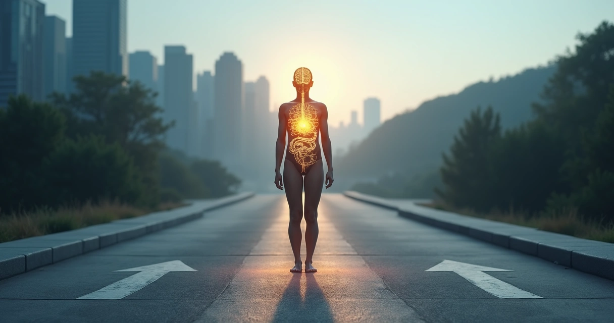 Person standing at crossroads with transparent body showing brain heart and gut connected by light 