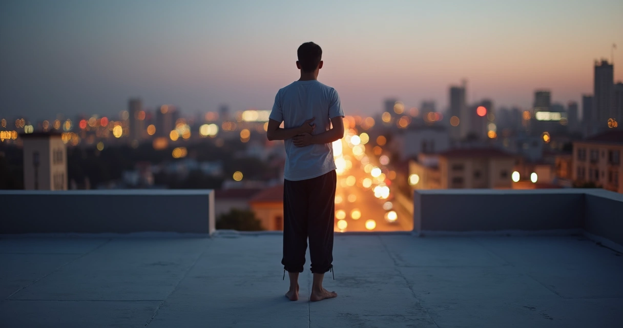 Person standing barefoot on rooftop at dusk with city lights and hand on heart 