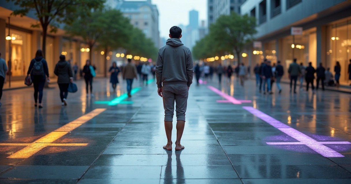 Person at city plaza crossroads with body-shaped light paths 