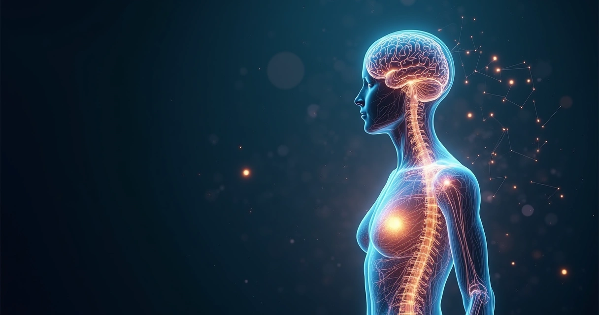 Human figure with highlighted nervous system and brain surrounded by interconnected decision pathways 