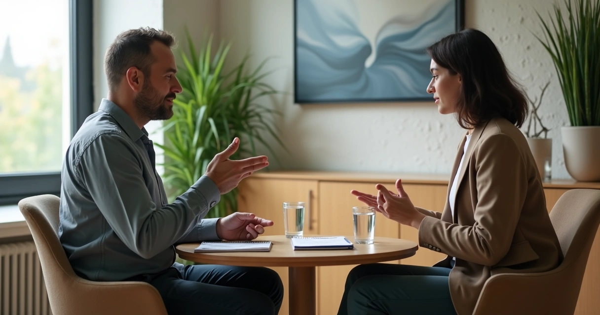 Two colleagues in conversation, one with a hand on their chest understanding body sensations while listening 
