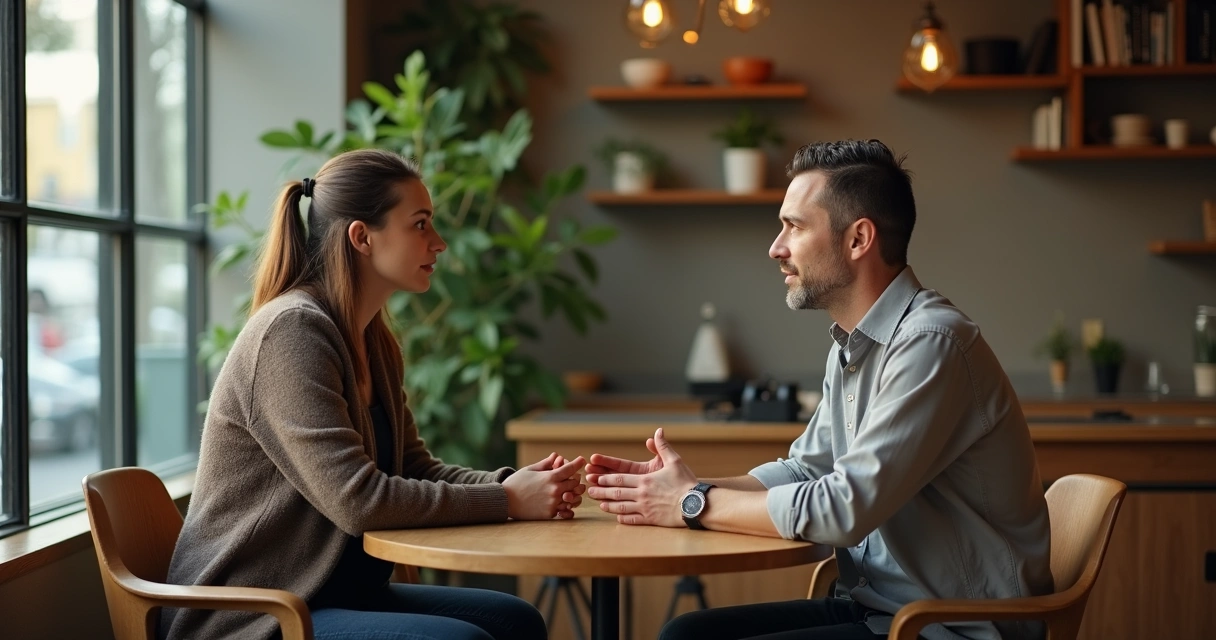 Two people in a calm café practicing attentive embodied listening 
