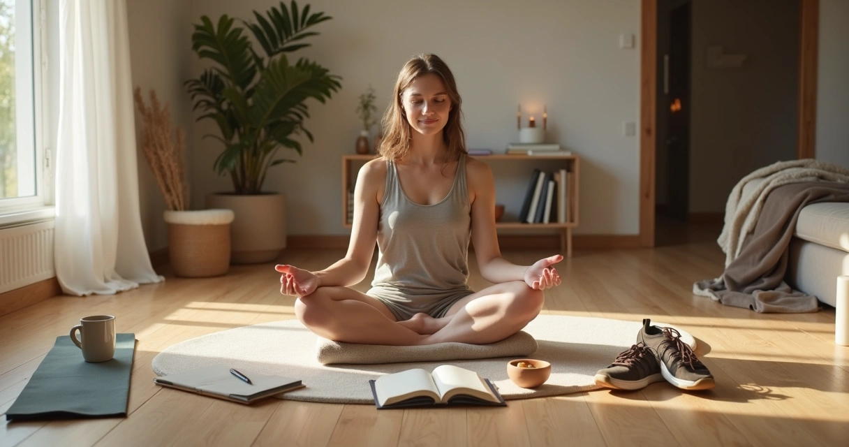 Person practicing mindful presence surrounded by subtle daily life elements 