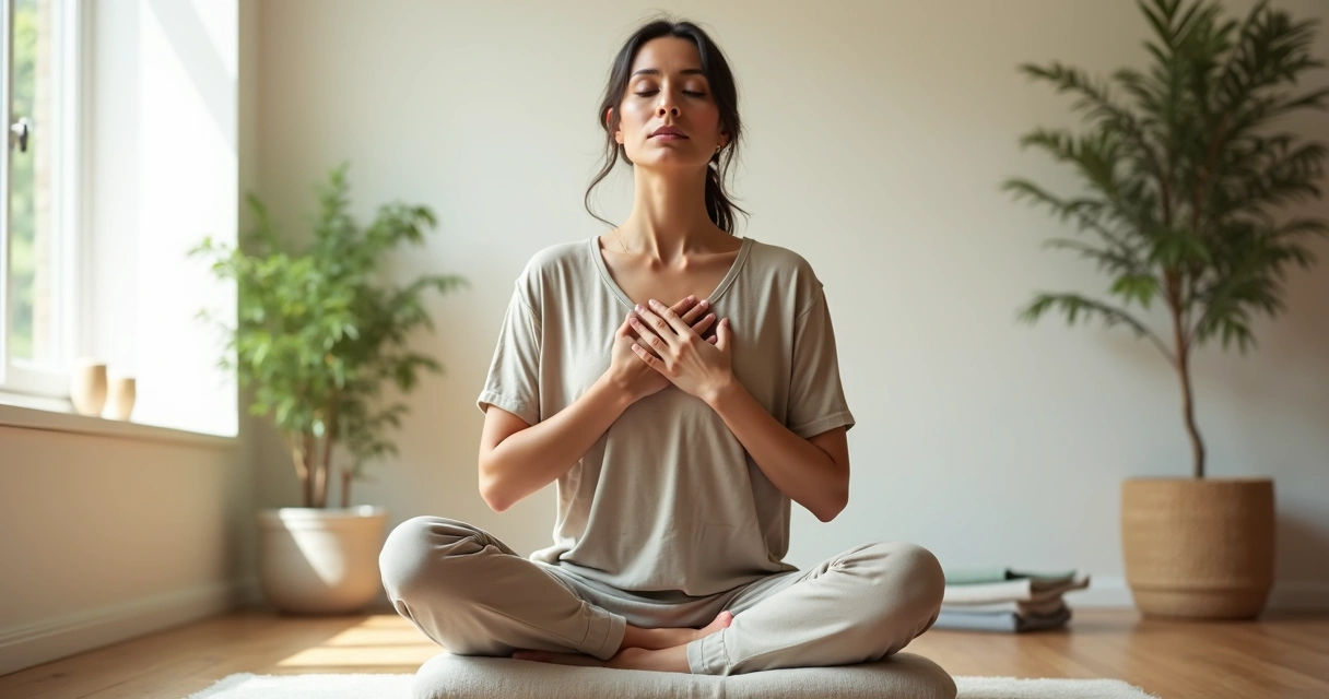 Person sitting with eyes closed gently touching chest and abdomen in soft natural light 