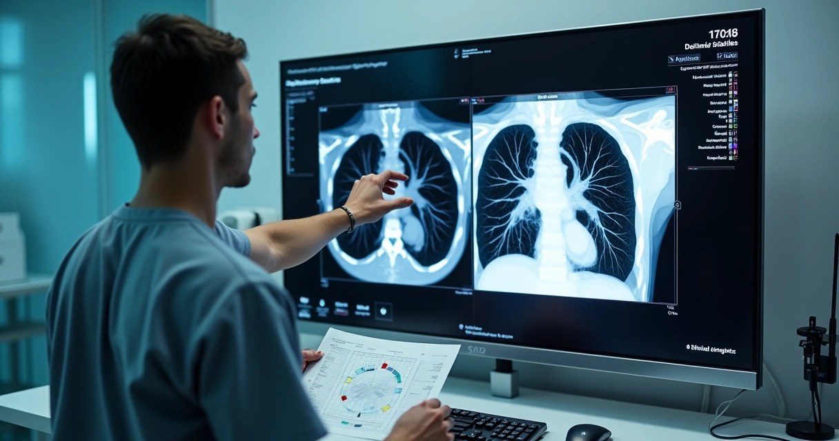 Angiotomografia mostrando êmbolos em artérias pulmonares com médico analisando em sala de emergência 