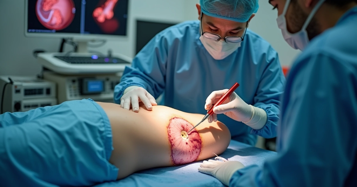 Intervenção de embolização pélvica minimamente invasiva com equipamento médico