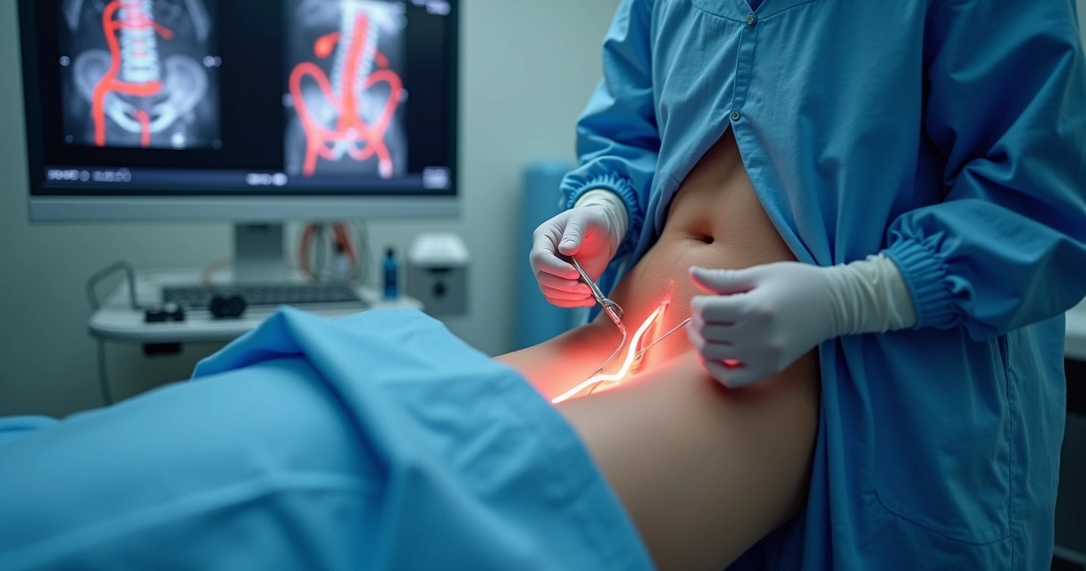 Embolização venosa pélvica sendo realizada com cateterismo