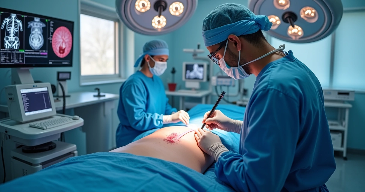 Ilustração ultra detalhada de procedimento de embolização endovascular mostrando cateter inserido em veias pélvicas em ambiente de clínica moderna 