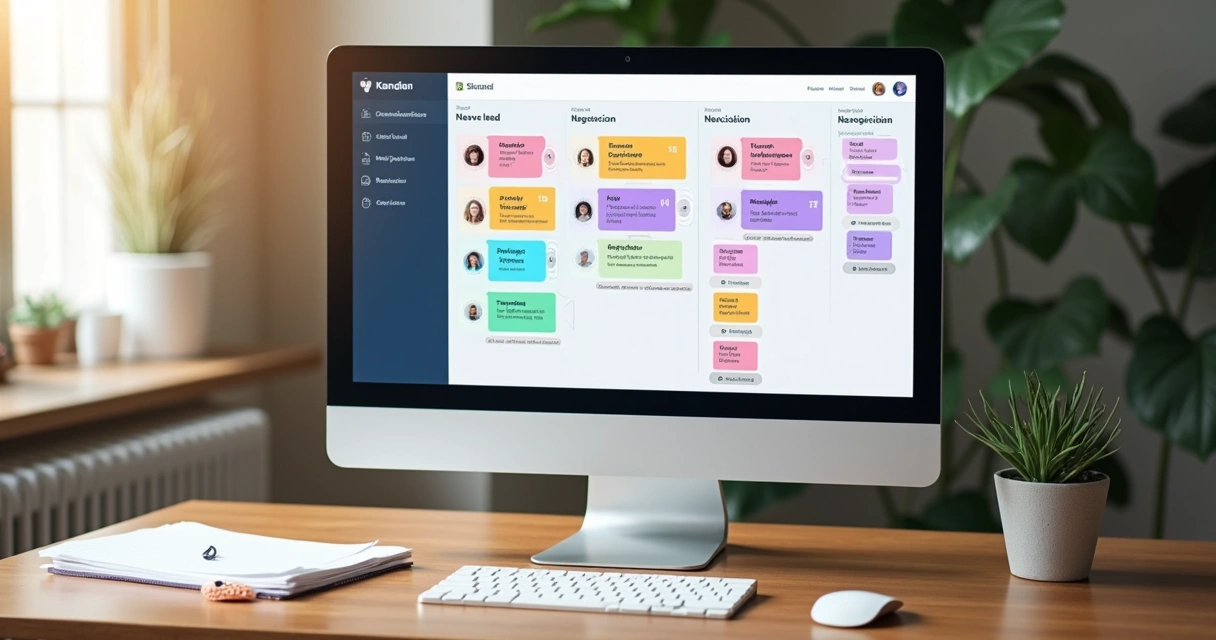 Tablero Kanban con contactos en diferentes etapas del embudo de ventas