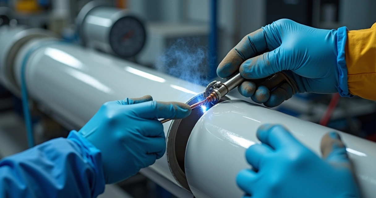 Técnico realizando emenda segura em revestimento PVDF 