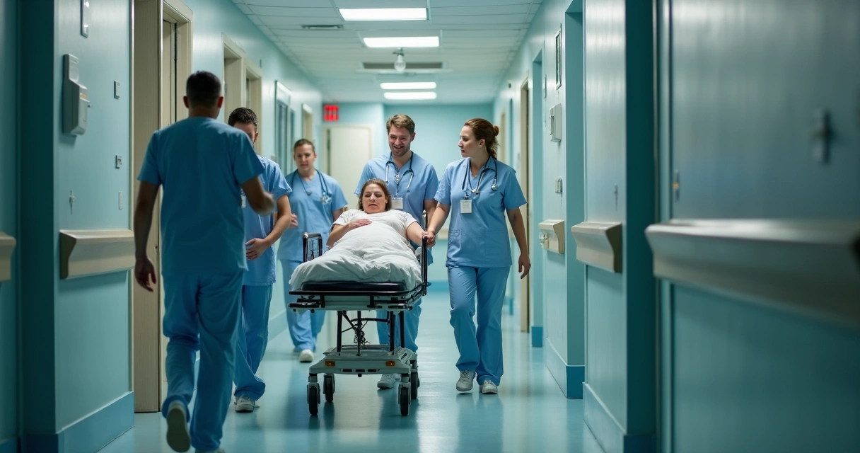 Médicos e enfermeiros atendendo gestante em emergência hospitalar 