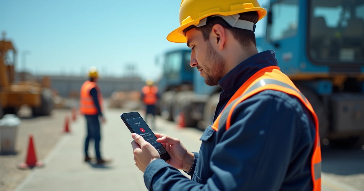 Técnico notificando emergência usando celular em campo 