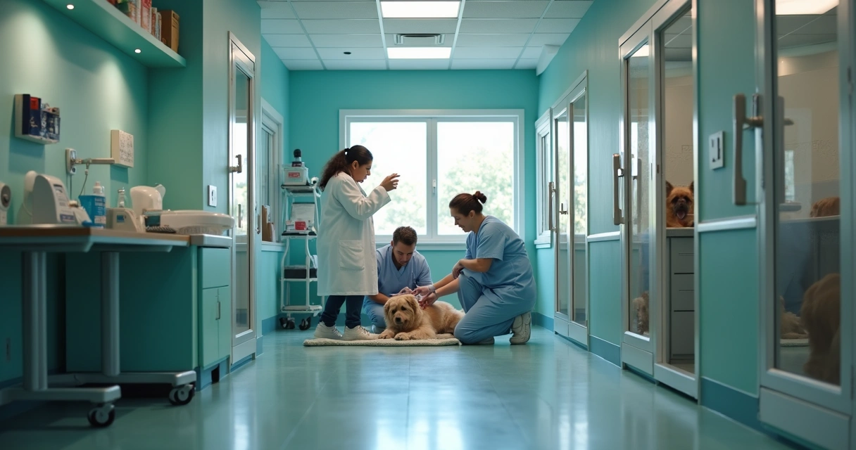 Equipe de hotel para pets atendendo emergência veterinária em cão deitado