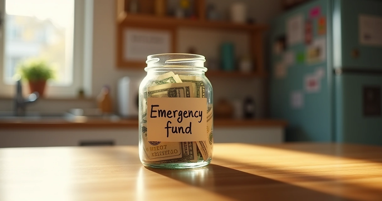 Glass jar labeled emergency fund with bills inside.