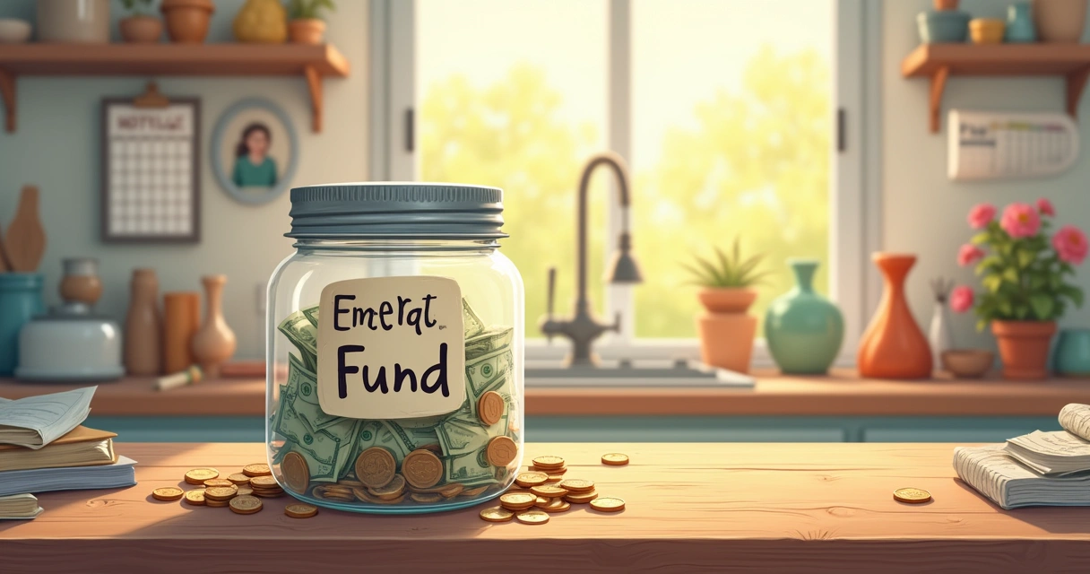 Mason jar labeled emergency fund filled with cash and coins
