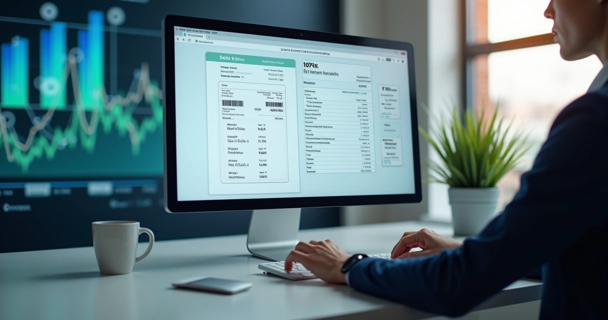 Interface de plataforma digital exibindo emissão automática de boletos com gráficos financeiros ao fundo 